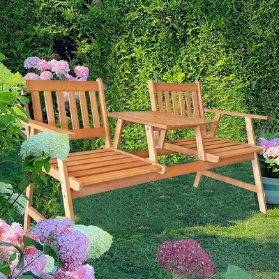 Natural Acacia Wood Outdoor Bench with Center Table