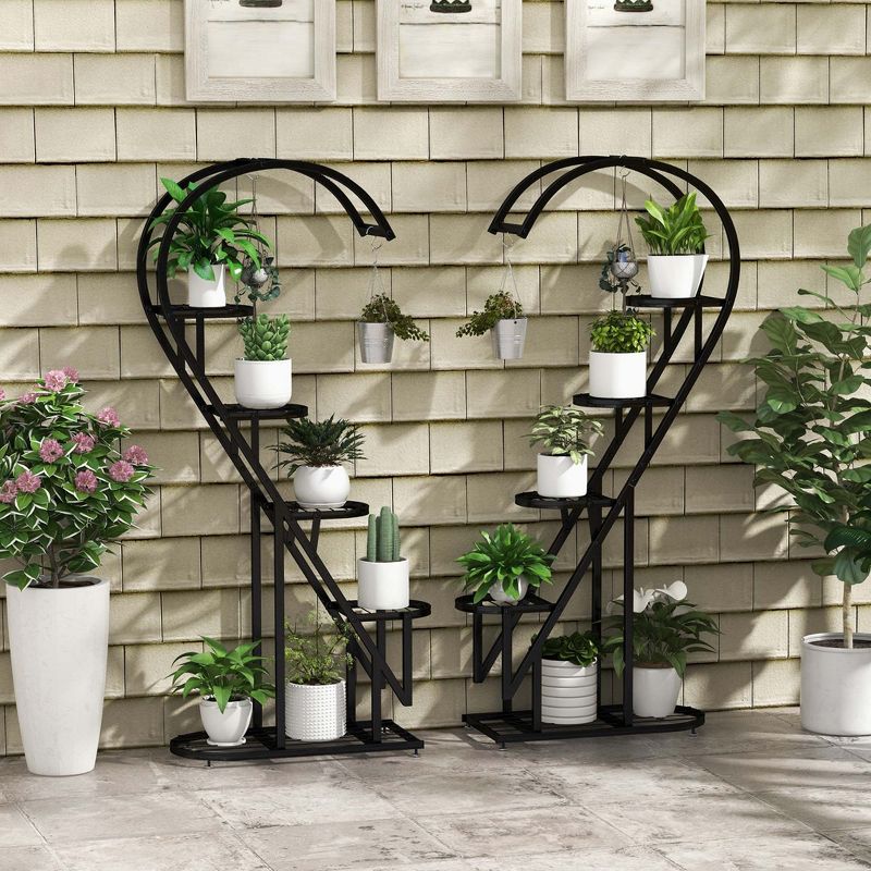Costway 5 Tier Metal Plant Stand Heart-shaped Shelf with Hanging Hook for Multiple Plants Black/White/Pink & Blue, 2 of 10
