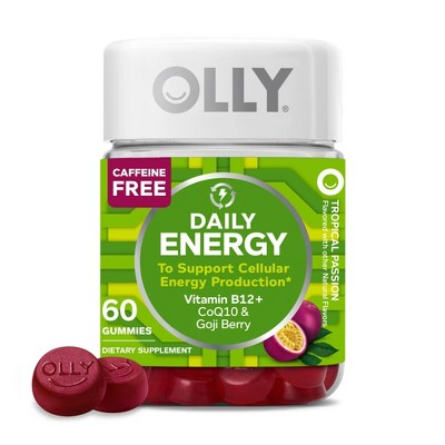 OLLY Daily Energy Gummy Supplement with CoQ10 & B12, Caffeine Free, Tropical Passion Flavor, 60 Ct