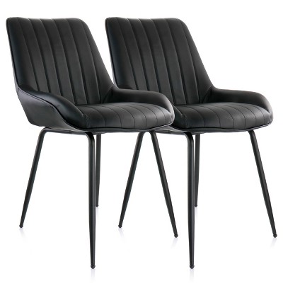 Black Faux Leather Tufted Arm Chair with Metal Legs, Set of 2