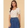INSPIRE CHIC Women's Sweetheart Neck Button Decor Smocked Shoulder Floral Blouse - 2 of 4