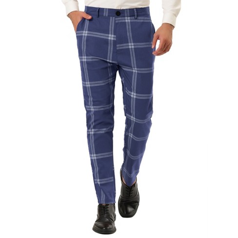 Mens Business Casual Plaid Pencil Pants Straight Slim Fit Office Trousers  Party
