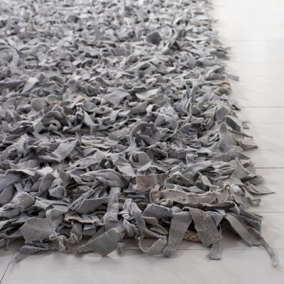 Hand-Knotted White Leather Square Shag Rug - 6'x6'