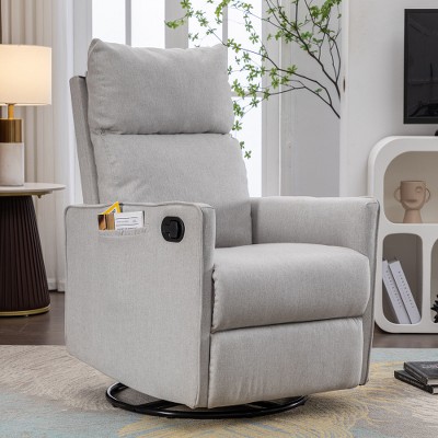 Recliner Chair, Swivel Rocking Chair With Adjustable Footstool, Adjustable Backrest, Right Pocket, Manual Handle, Round Metal Bottom Legs
