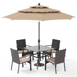 Captiva Designs 6pc Outdoor Slat-top Black Steel Dining Table & Rattan Haiti Chairs & Market Umbrella - 1 of 4