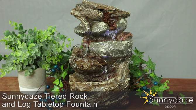 Sunnydaze Indoor Home Decorative Tiered Rock and Log Waterfall Tabletop Water Fountain with LED Lights - 10", 2 of 15, play video