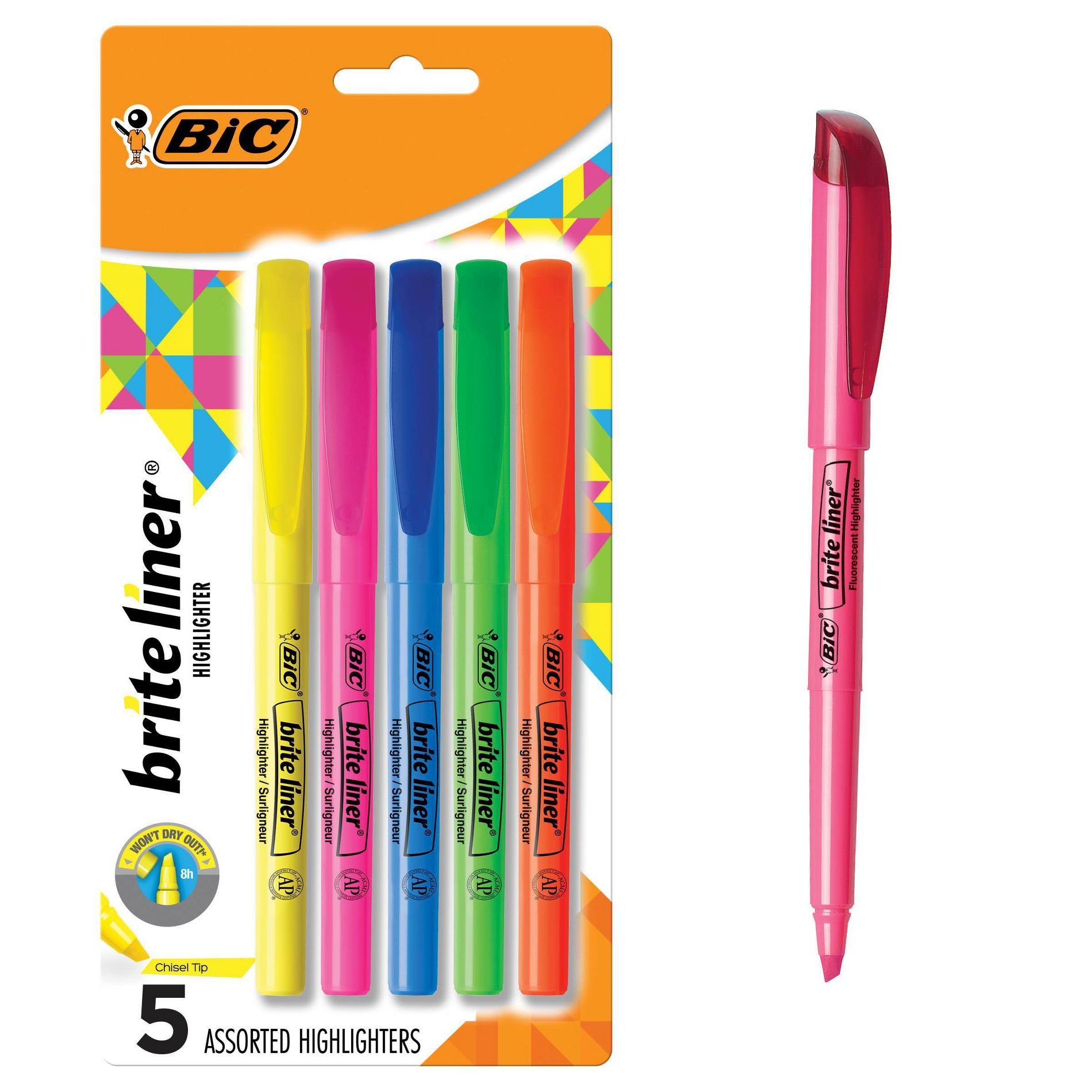 BiC 5pk Highlighter Brite Liner Assorted: Medium Point, Multicolored Ink, Art & Office Supplies, Highlighters for School