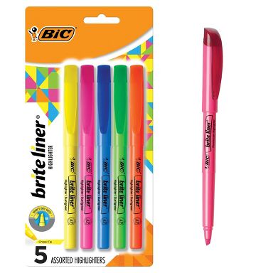 BIC 5pk Highlighter Brite Liner Assorted: Back to School Supplies for Color-Coded Notes