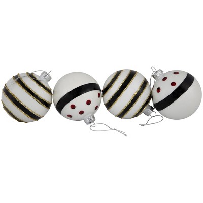 Set of 4 White and Black Striped Glass Christmas Ornaments with Gold Accents