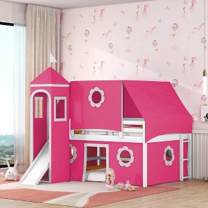 Low Loft Bed Twin Size with Slide and Storage Stairs, Wood Plyhouse Loft Bed with Tent & Tower for Boys & Girls - 1 of 4