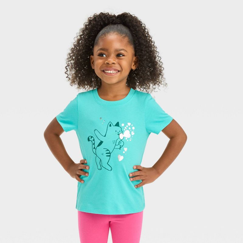 Toddler Girls' Kitty Short Sleeve T-Shirt - Cat & Jack™ Turquoise, 1 of 5