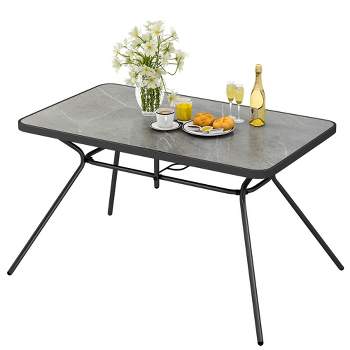 Costway Patio Rectangle Dining Table 49'' x 29.5'' Marble-Like Tabletop with Umbrella Hole