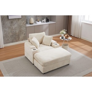 PAGED Upholstered Sofa Corduroy Chaise Lounge Sofa with Handrail Storage, Movable Ottoman, Cupholders for Living Room, Apartment - 1 of 4
