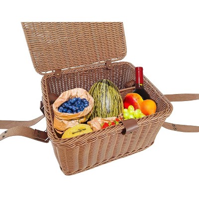 Handwoven Brown Poly-Wicker Picnic Basket with Leather Straps