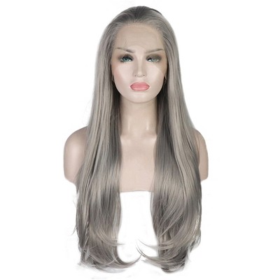 Unique Bargains Women's Long Natural Curly Lace Front Wigs with Wig Cap 24" Gray 1PC