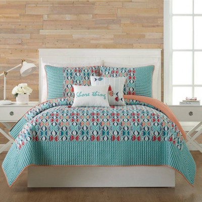 Teal and Coral Cotton King Sham with Artistic Fish Pattern