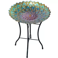 18" Handpainted Mosaic Flower Fusion Glass Bird Bath with Stand - Teamson Home