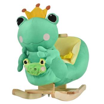 Qaba Kids Ride-On Rocking Horse Toy Frog Style Rocker with Fun Music, Seat Belt & Soft Plush Fabric Hand Puppet for Children 18-36 Months, Green