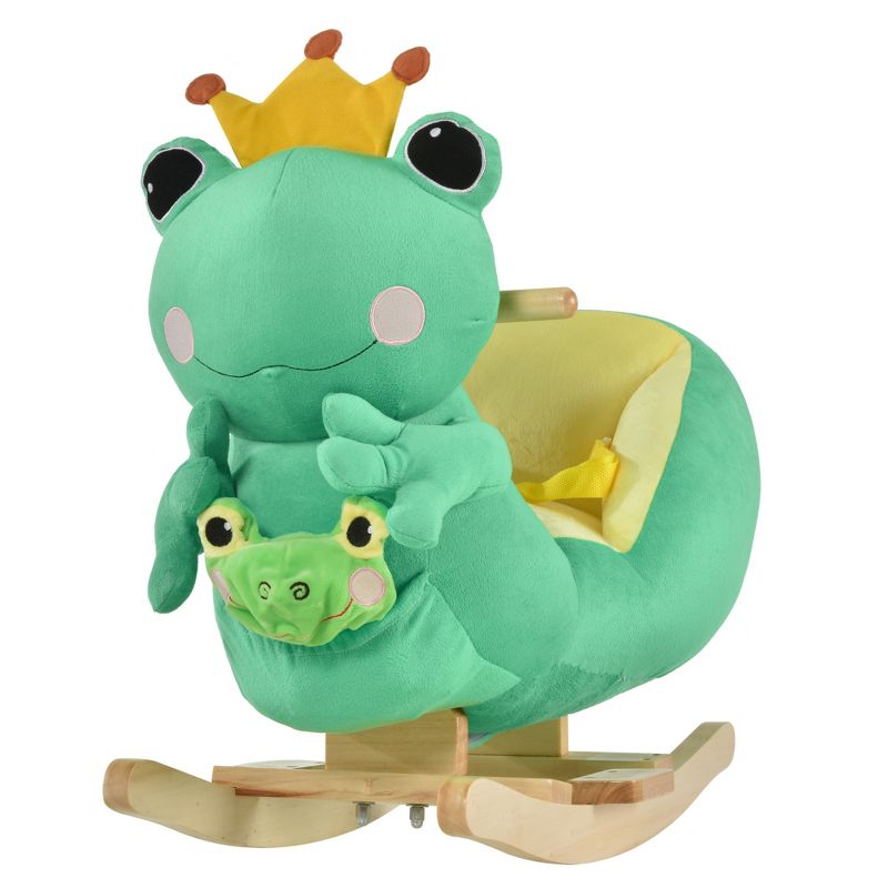 Qaba Kids Ride-On Rocking Horse Toy Frog Style Rocker with Fun Music, Seat Belt & Soft Plush Fabric Hand Puppet for Children 18-36 Months, Green, 1 of 10
