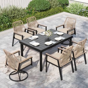 Captiva Designs 7pc Patio Expandable Steel Dining Table and Mixed Wicker Chairs with Thick Cushions - 1 of 4