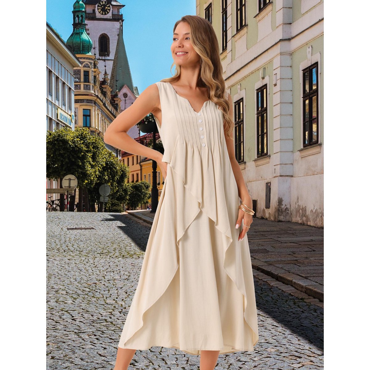 Женские платья INSPIRE CHIC Women's Summer Sleeveless V Neck Button Decor Flowy Maxi Tank Beach Dress Apricot Small 2 Packs Apricot/Black Small — фото 3