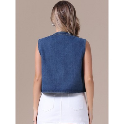 INSPIRE CHIC Women's Cropped Denim Cardigan Sleeveless Decor Pearl Jean Jackets Blue Large — фото 4