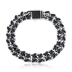 Metallo Stainless Steel Black Carbon Fiber Heavy Cuban Bracelet - Silver - 8.5 Inch - 1 of 3