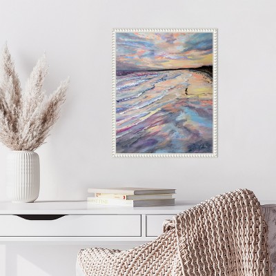 Impressionist Coastal Sunset Canvas with Beaded White Frame
