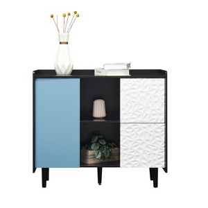 TiramisuBest Sideboard Buffet Cabinet, Black Storage with Blue Doors, 2 Drawers & Open Compartments, Modern Accent Cabinet for Kitchen & Dining - 1 of 4