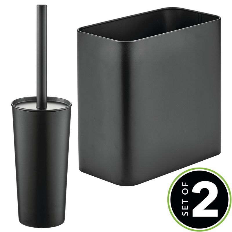 mDesign 2 Piece Plastic Bathroom Set, Bowl Brush and Trash Can, 2 of 9