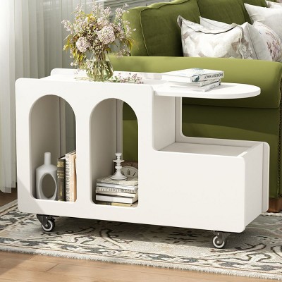 Mobile Accent Tables With Lockable Wheels, End Table With Storage Drawer, 11.8Inch Narrow Nightstand With Multi-Layer Storage-Cuddlewood