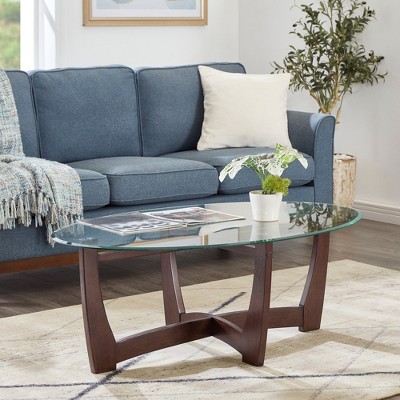 VYNXARIA 48-Inch Oval Cherry Glass Coffee Table with Solid Wood Frame - Elegant Centerpiece