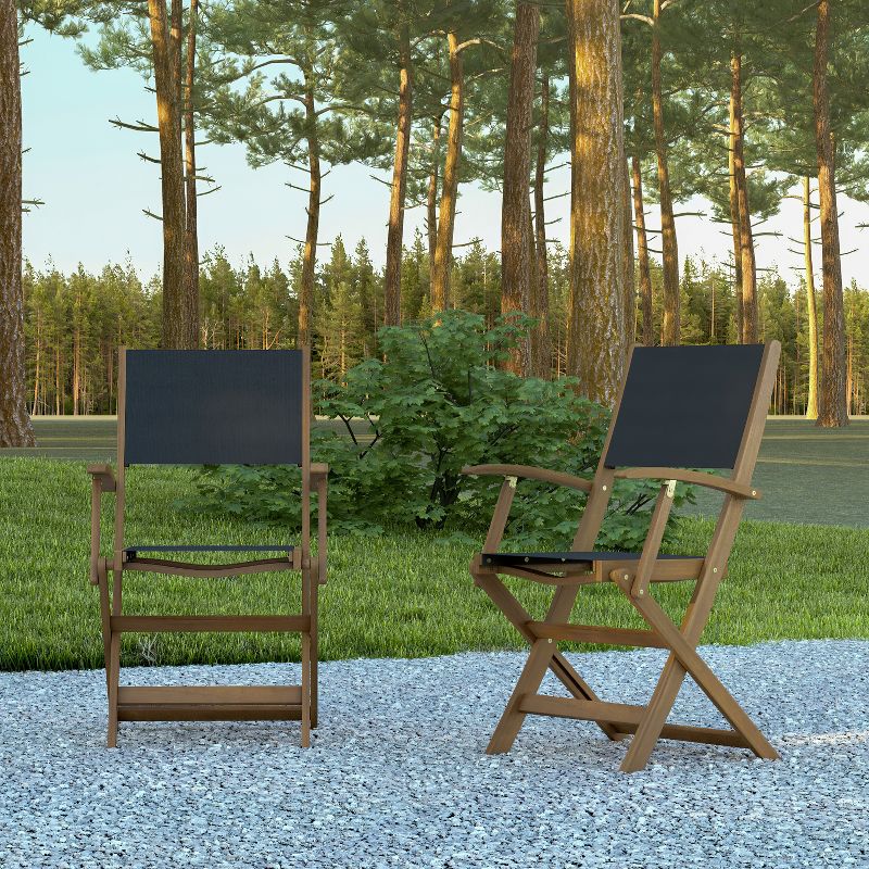 Emma and Oliver Set of Two Weather Resistant All Natural Acacia Wood Folding Bistro Chairs with Armrests and Textilene Mesh Seats and Backs, 3 of 13