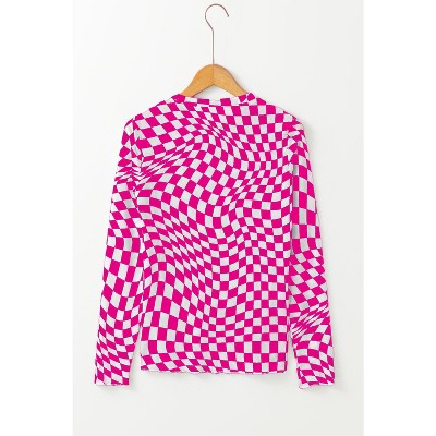 Checkered Pattern Mesh Mock Neck Long Sleeve Top