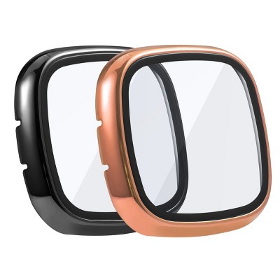 Insten 2-Pack Case For Fitbit Versa 3 and Fitbit Sense, Built in Tempered Glass Screen Protector Plating Hard Cover (Black + Rose Gold)