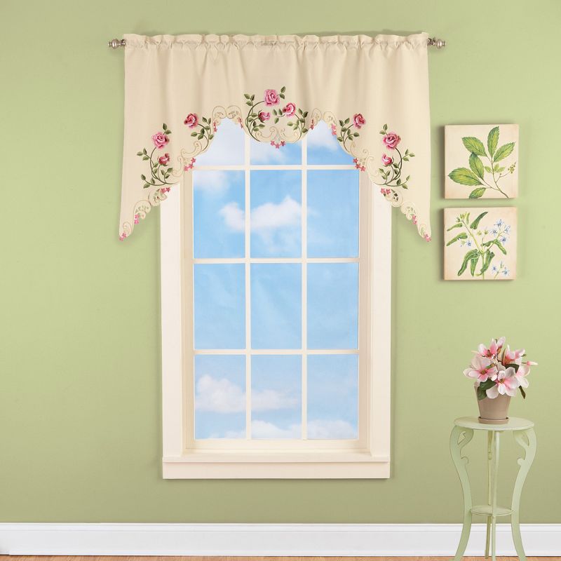Collections Etc Elegant Pink Rose Floral Embroidered Curtains Drapes, Ivory, 2 of 5
