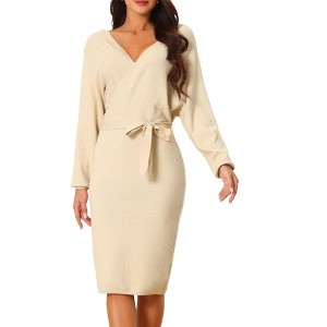 Seta T Women's Deep V Neck Wrap Batwing Sleeve Belted Bodycon Midi Sweater Dress - 1 of 4