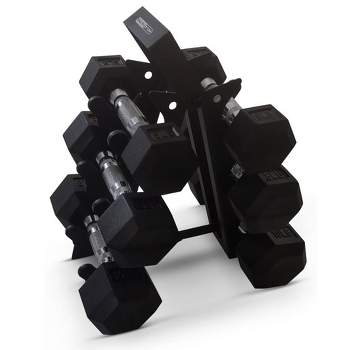 HolaHatha Hexagonal Non Slip Free Hand Dumbbell Weight Training Exercise Set w/ Textured Grips & Folding Storage Rack