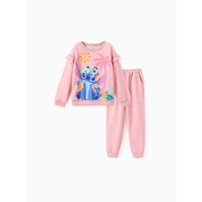 PATPAT Disney Stitch Toddler Girl 2pcs Floral Ruffle-sleeve Sweatshirt with Jogger Set