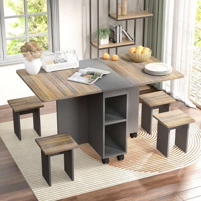 5 Piece Folding Dining Table Set, Brown MDF Wood Extendable Drop Leaf Dining Table and 4 Chairs with Storage, Space Saving Dining Table Set-Coolbibila