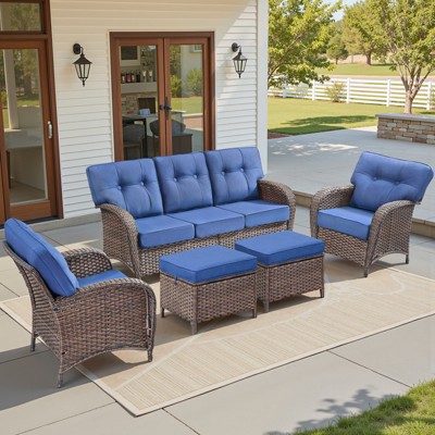 Buenhomino 5 Pieces Patio Furniture Set, High Back Wicker Rattan Sofa with 5-inch Extra Thick Cushion and Ottoman, Outdoor Conversation Set