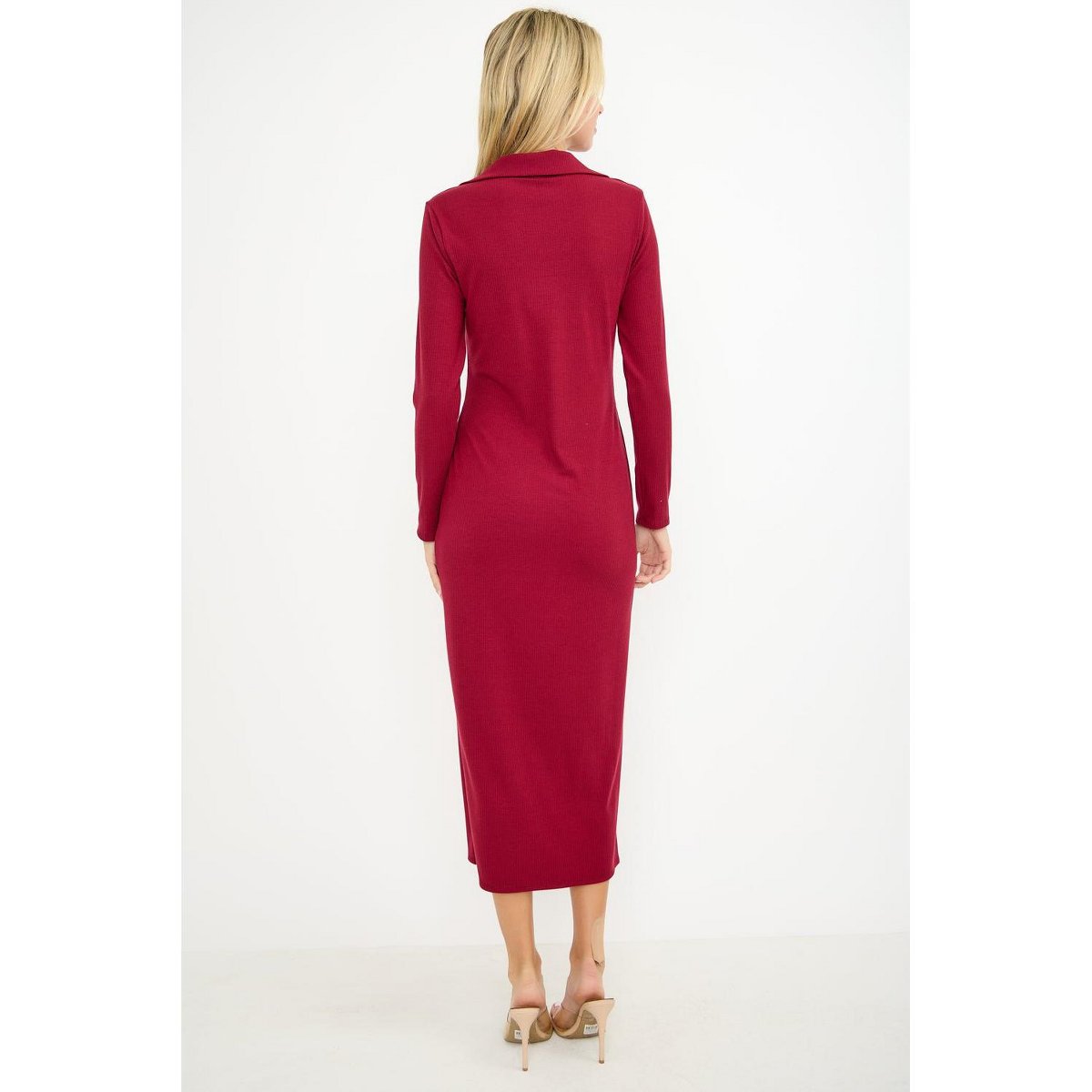Женские платья West K Elena Ribbed Long Sleeve Collared Midi Dress - Small - Wine — фото 3
