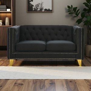 Velvet 2-Seater Tufted Sofa with Metal Legs & Nailhead Trim - 1 of 4