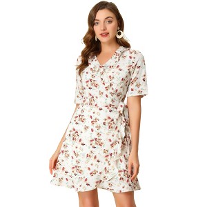 INSPIRE CHIC Women's Floral Ruffle Wrap Self-Tie Mini Short Sleeve Dresses - 1 of 4