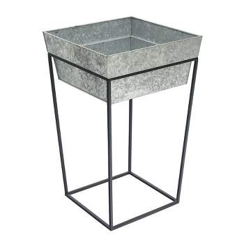 22" Large Indoor Outdoor Iron Arne Plant Stand with Deep Galvanized Steel Tray Black - ACHLA Designs
