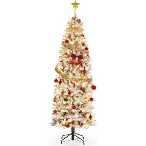 7.5ft Flocked Pencil Christmas Tree, Slim Artificial Xmas Tree with Snowy Branch Tips & Sturdy Metal Stand for Indoor Holiday or Party Decor(upgrade) - 1 of 4