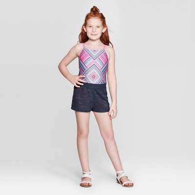 girl's one piece swimsuit with shorts