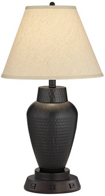 Regency Hill Modern Table Lamp with USB and AC Power Outlet Workstation Charging Base 25" High Hammered Bronze Empire Shade for Living Room Desk