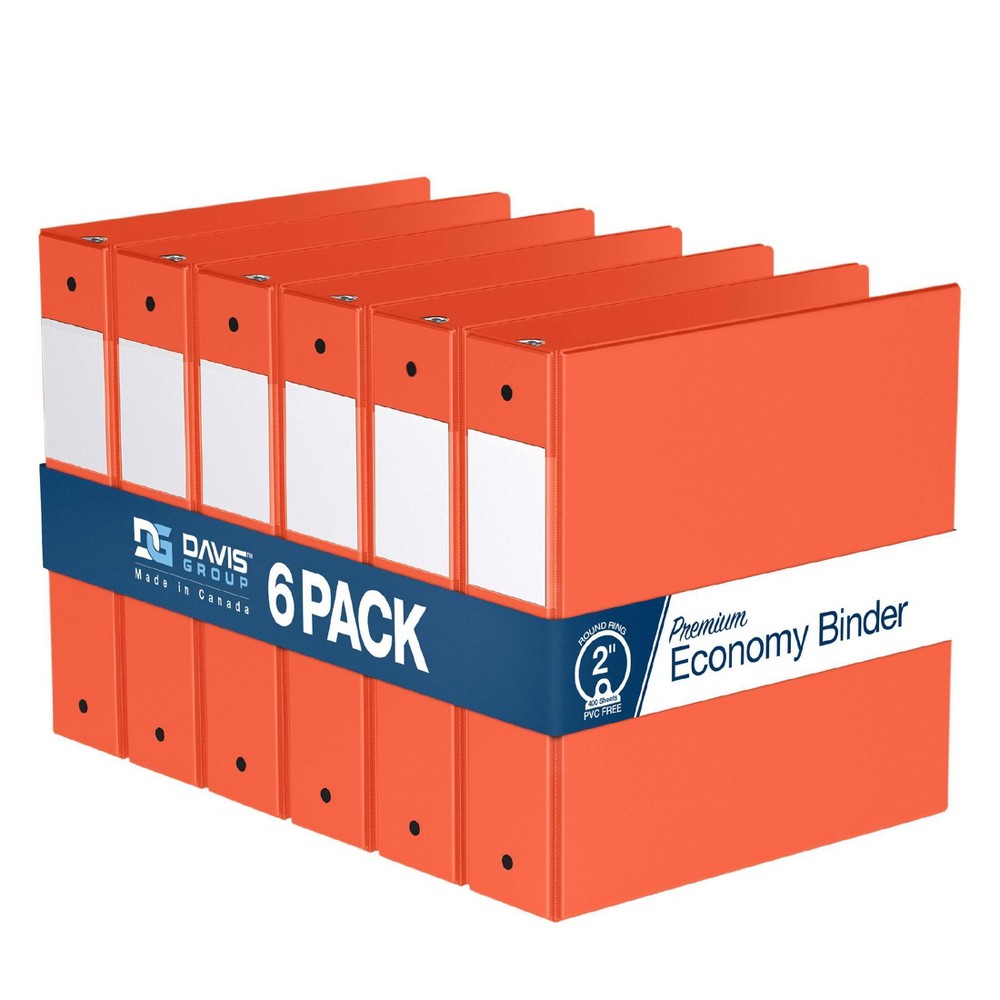 Davis Group 6pk 2" Premium Economy Round Ring Binders Orange: Hard Cover, 400 Sheet Capacity, 2 Pockets, Polypropylene