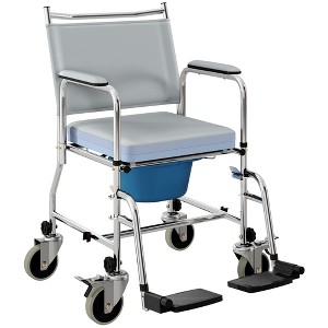 HOMCOM Rolling Shower Wheelchair for Seniors, Bedside Commode Chair with Padded Seat, Backrest, for Handicap, Toilet Chair, 300 lbs, Gray - 1 of 4